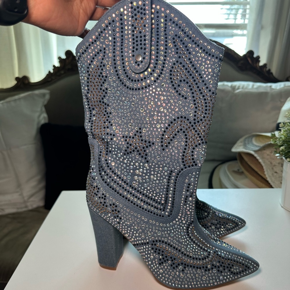 Cape Robbin Bejeweled Denim Boots | Size 9